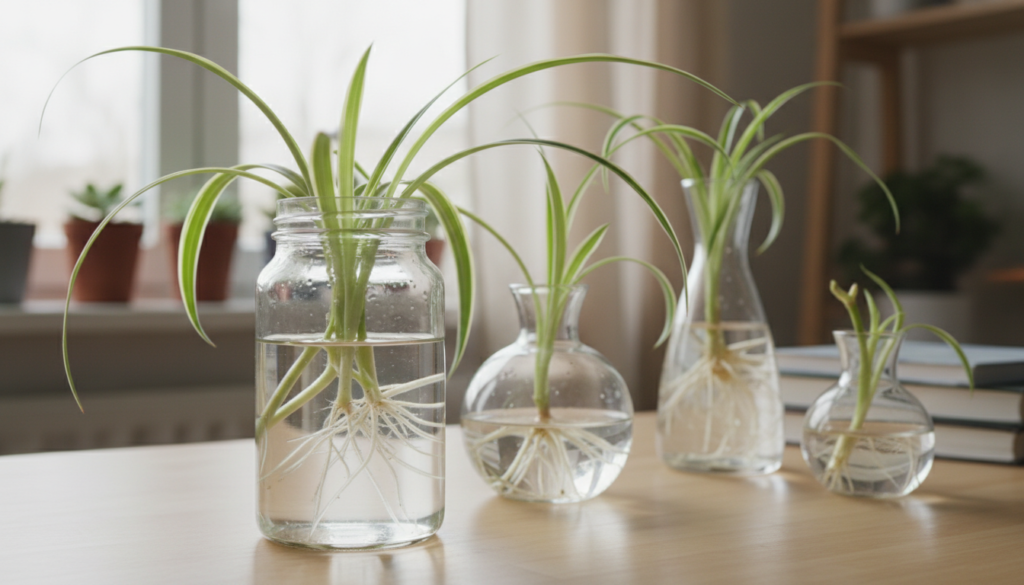 A close-up view of vibrant spider plant cuttings in a clear glass jar filled with water, showcasing their lush green leaves and delicate roots beginning to sprout. In the foreground, focus on the glass jar with soft reflections of light glimmering on the water surface, highlighting the crystal clarity. The middle ground features additional spider plant cuttings in various stages of propagation, some with established roots and others still developing, arranged artistically. In the background, a softly blurred indoor setting with natural light filtering through a window, creating a serene and inviting atmosphere. The scene conveys a sense of calm and simplicity, perfect for illustrating the step-by-step process of propagating spider plants in water.