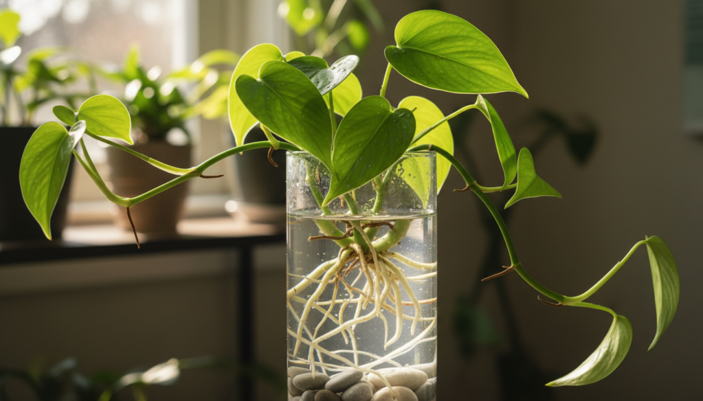 A heartleaf philodendron (Philodendron hederaceum) with vibrant green, glossy leaves submerged in a clear glass container filled with fresh water, showcasing its root system developing beneath the surface. In the foreground, focus on the delicate roots intertwining with small stones at the bottom of the vase, symbolizing the propagation process. In the middle ground, capture the lush trailing vines and heart-shaped leaves of the plant, radiating health and vitality. The background features a softly blurred, sunlit indoor setting that evokes a sense of tranquility and warmth. Utilize natural lighting to create gentle highlights on the leaves and water surface, capturing the essence of nature and growth. The overall mood should be inspiring and educational, reflecting the beauty of successful water propagation.