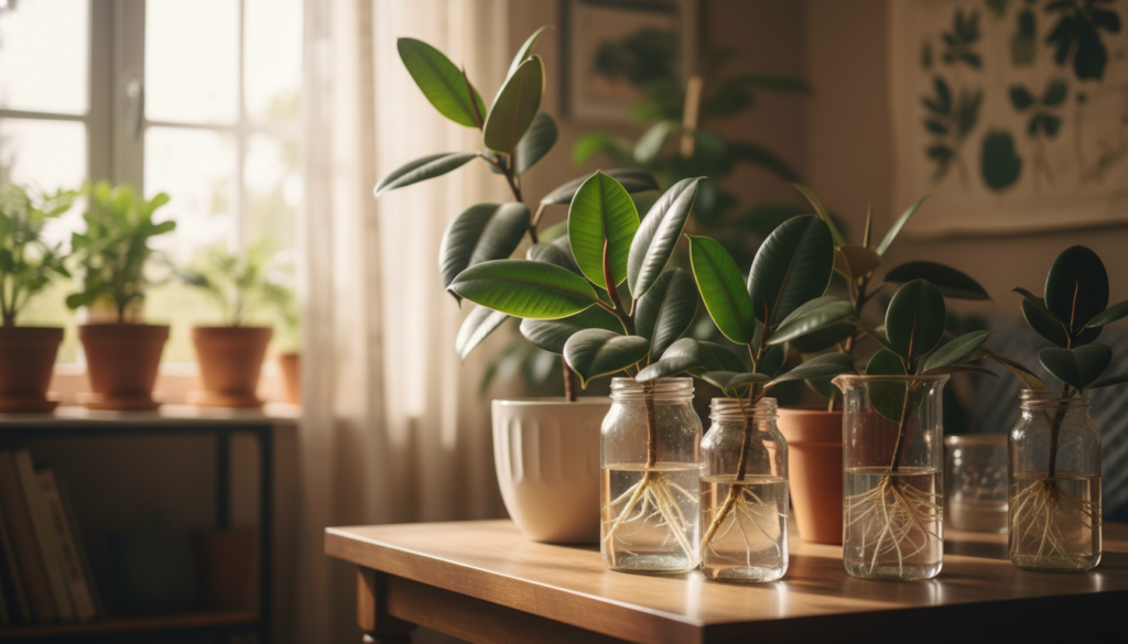 A serene indoor gardening scene showcasing a table adorned with healthy rubber plant cuttings in various stages of propagation. In the foreground, focus on vibrant green cuttings placed in clear glass jars filled with water, roots beginning to sprout. In the middle ground, display a sunny windowsill, with soft, filtered sunlight illuminating the scene, highlighting the rich textures of the rubber plant leaves. The background features a softly blurred room with gentle plant-themed decor, conveying a nurturing atmosphere ideal for rooting. Capture the essence of growth and vitality, using soft lighting to enhance the mood of freshness and optimism. Emphasize the clear, calming colors of green and earth tones, inviting viewers into a world of successful plant propagation.