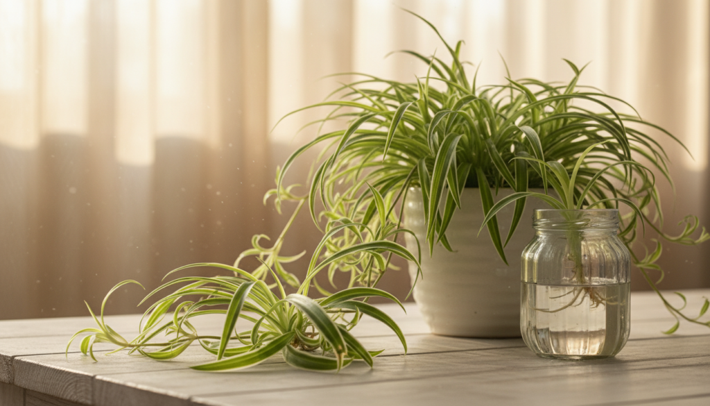 A serene indoor setting featuring a lush, healthy spider plant (Chlorophytum comosum) in a stylish ceramic pot, adorned with vibrant green leaves and cascading baby plantlets. In the foreground, focus on the delicate tendrils of the plant, showing a close-up of both the mother plant and several small plantlets with their roots visible, emphasizing the propagation process. In the middle ground, include a clear, aesthetically pleasing glass jar filled with water, showcasing one of the plantlets submerged, illustrating the water propagation method. The background is softly blurred, with gentle rays of warm sunlight filtering through sheer curtains, creating a tranquil atmosphere that highlights the beauty of nature and plant care. The overall mood is calming and nurturing, inviting viewers to explore the art of propagation. A serene indoor setting featuring a lush, healthy spider plant (Chlorophytum comosum) in a stylish ceramic pot, adorned with vibrant green leaves and cascading baby plantlets. In the foreground, focus on the delicate tendrils of the plant, showing a close-up of both the mother plant and several small plantlets with their roots visible, emphasizing the propagation process. In the middle ground, include a clear, aesthetically pleasing glass jar filled with water, showcasing one of the plantlets submerged, illustrating the water propagation method. The background is softly blurred, with gentle rays of warm sunlight filtering through sheer curtains, creating a tranquil atmosphere that highlights the beauty of nature and plant care. The overall mood is calming and nurturing, inviting viewers to explore the art of propagation.