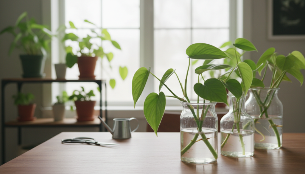 A serene indoor setting featuring clear glass containers filled with water, ideal for propagating heartleaf philodendron cuttings. In the foreground, several healthy stem cuttings with vibrant green heart-shaped leaves are placed attractively in the containers, showcasing their roots emerging into the water. The middle ground includes a wooden table adorned with gardening tools like scissors and a small watering can, creating a casual gardening atmosphere. The background features soft, natural light coming through a window, with potted heartleaf philodendron plants thriving on a nearby shelf, adding a warm and inviting ambiance. The scene conveys a calm and nurturing vibe, perfect for anyone looking to learn about plant propagation.