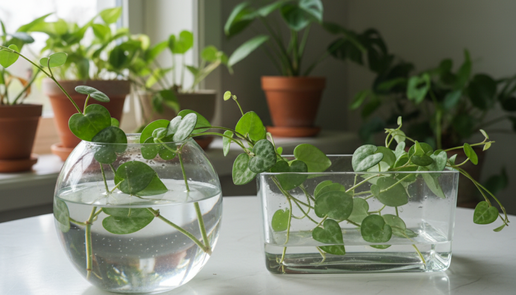 A serene tabletop scene showcasing vibrant String of Hearts cuttings submerged in clear water. In the foreground, several stem cuttings with lush green leaves and delicate heart-shaped foliage float gracefully in a glass vase. The water is beautifully illuminated by soft, natural light filtering through a nearby window, creating gentle ripples that enhance the tranquility of the composition. In the middle, additional cuttings are artistically arranged, with roots just beginning to form, demonstrating the propagation process. The background features a softly blurred indoor garden setting, adorned with other houseplants, providing a lush atmosphere. The overall mood is calm and nurturing, inviting viewers to appreciate the beauty of plant propagation. The image is captured from a slightly elevated angle to fully display the cuttings, enhancing their visual appeal.
