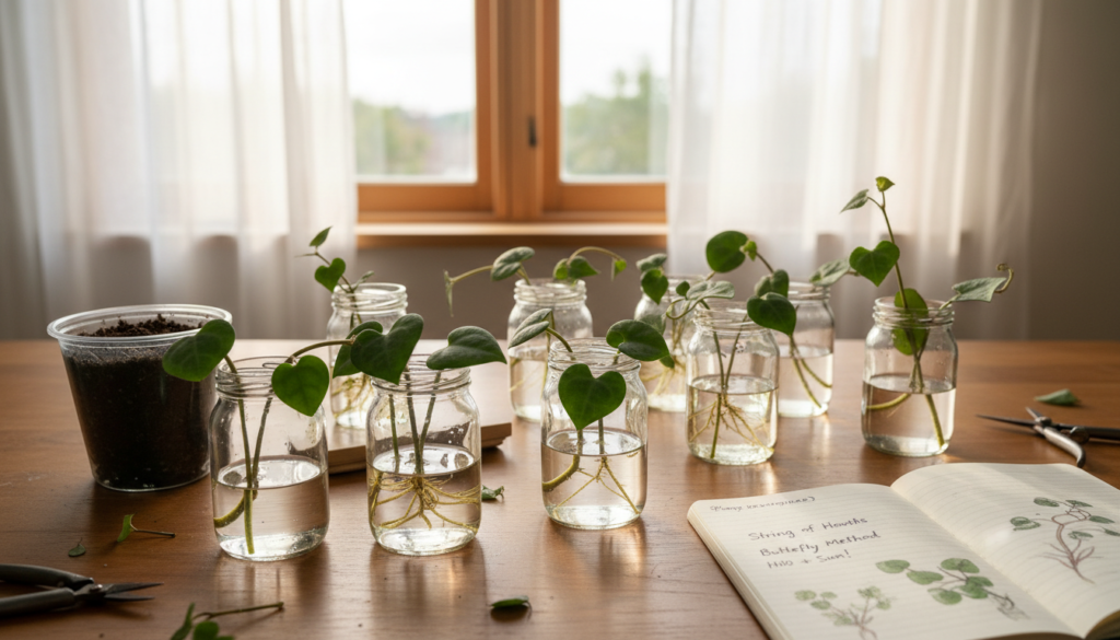 A tranquil indoor gardening scene showcasing the propagation of String of Hearts plants using the butterfly method. In the foreground, a beautifully arranged propagation station features several healthy cuttings with lush, heart-shaped leaves resting in clear glass water jars. The middle ground includes a soft, natural wooden table adorned with gardening tools like scissors, a small pot filled with soil, and a notebook with notes about plant care. In the background, a sunlit window filtered by sheer curtains casts gentle, warm light over the setup, creating a serene atmosphere. The colors are vibrant yet soothing, emphasizing the greens of the plants and the earthy tones of the materials, lending an inviting and nurturing vibe to the image. The perspective is slightly angled, capturing depth and inviting the viewer into the scene.