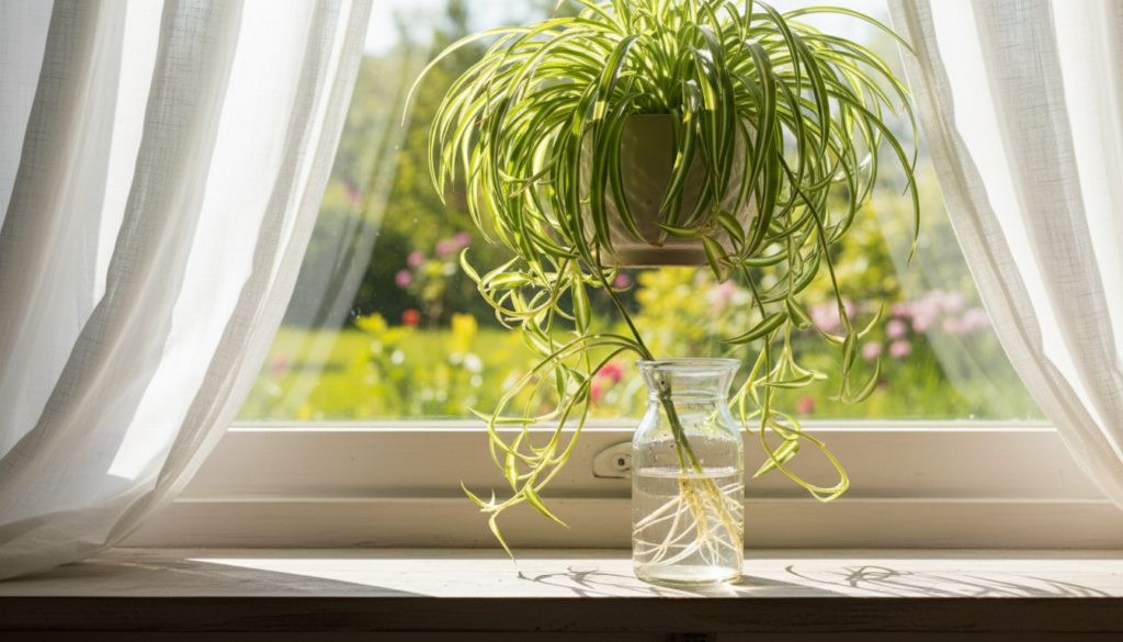 A tranquil indoor scene capturing the essence of spring and summer, focusing on a vibrant spider plant with cascading green leaves and baby plantlets. In the foreground, a clear glass vase filled with fresh water, showcasing the roots of the spider plant, reflecting the light beautifully. The middle ground features a sunlit windowsill adorned with soft, white curtains that gently flutter in a light breeze. Bright, natural light floods the scene, creating a warm, inviting atmosphere, with soft shadows adding depth. The background is blurred but hints at a lush garden outside, with soft greens and floral colors, emphasizing the seasonal theme. The mood is serene and refreshing, perfect for illustrating the optimal conditions for propagating the spider plant.