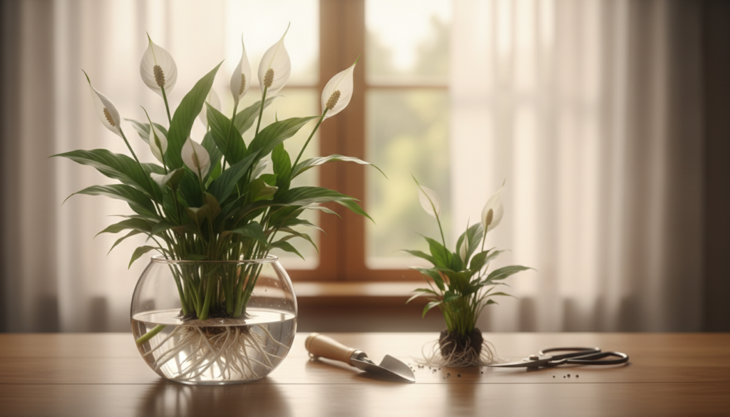 A tranquil indoor scene featuring a close-up of a Peace Lily plant with lush green leaves and white blooms, freshly divided into sections. In the foreground, a clear glass bowl brimming with water showcases the lily divisions, roots gently submerged and swaying slightly. In the middle ground, a wooden table holds a few gardening tools, like a small trowel and scissors, emphasizing the act of propagation. The background softly blur the warmth of a sunlit window, with soft rays filtering through sheer curtains, creating a serene and nurturing atmosphere. The overall mood should evoke a sense of calm and hope, symbolizing the propagation of peace, as the delicate flowers and their roots illustrate growth and nurturing in a peaceful home.
