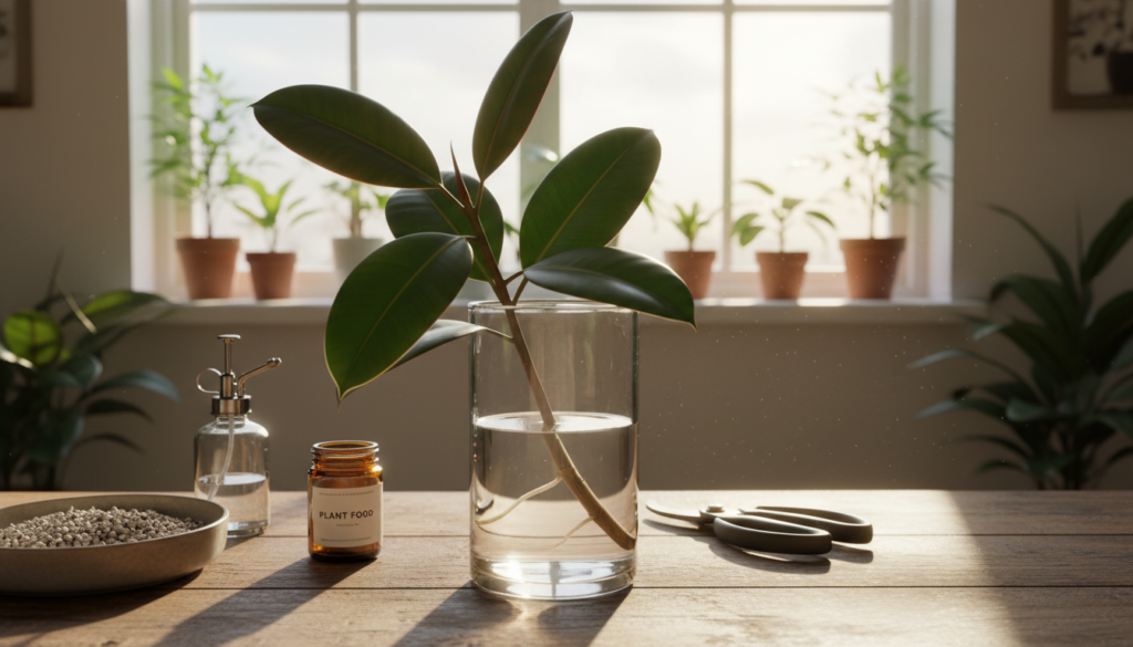 A vibrant indoor scene showcasing ideal conditions for propagating rubber plants. In the foreground, a healthy rubber plant cutting with lush green leaves is gracefully placed in a clear glass vase filled with fresh water. The middle layer features a well-lit wooden table adorned with gardening supplies, including a pair of scissors, a spritzer bottle, and nutrient-rich plant food. In the background, a sunlit window casts a warm glow, illuminating the scene and enhancing the atmosphere of growth and vitality. Soft, natural lighting highlights the textures of the leaves and the clarity of the water, evoking a sense of peace and nurturing. The composition is framed with a shallow depth of field to emphasize the cutting and supplies, creating an inviting ambiance perfect for plant propagation.