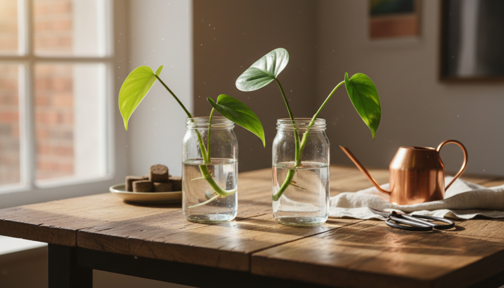 A well-arranged set of water rooting supplies for propagating Heartleaf Philodendron, displayed on a rustic wooden table. In the foreground, focus on two clear glass jars filled with fresh water, each containing a heartleaf cutting submerged partially, showcasing the vibrant green leaves with delicate veins. In the middle, a small watering can and a pair of shears lay beside the jars, hinting at the propagation process. A few healthy potting soil cubes rest in the background, softly blurred. Natural light streams in from a nearby window, casting gentle shadows and creating a serene atmosphere, evoking the peacefulness of caring for plants. The composition emphasizes clarity, organization, and warmth, inviting viewers to explore plant propagation techniques.