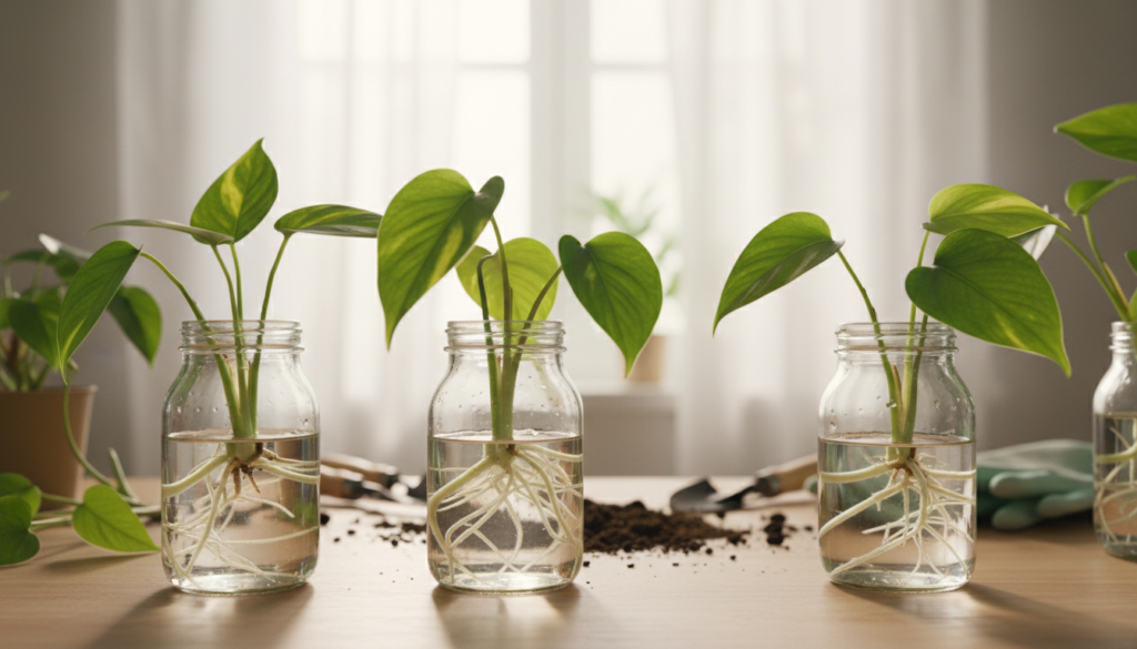 Lush green heartleaf philodendron cuttings, displaying delicate roots growing in clear, fresh water. In the foreground, focus on several transparent glass jars, each containing a single cutting with vibrant green leaves and intricate, white roots beginning to spread out. The middle ground features a softly lit, wooden table, enhancing the organic feel, with hints of soil and gardening tools subtly placed nearby. The background includes a sunlit window with sheer curtains filtering warm, natural light, creating a serene atmosphere. The mood is calm and nurturing, inviting the viewer to appreciate the beauty of plant propagation. Capture this scene with a shallow depth of field to emphasize the cuttings while softly blurring the background.