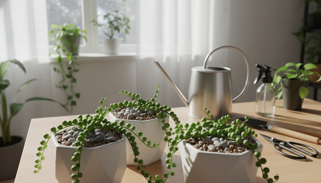 A bright, indoor gardening scene showcasing a string of pearls plant (Senecio rowleyanus) in the foreground. Focus on several vibrant, healthy cuttings of string of pearls in small, modern pots with well-draining soil, accentuated by pebbles on top. The middle ground features a watering can and tools neatly arranged, emphasizing aftercare essentials. In the background, soft natural light filters through a nearby window, casting gentle shadows that create a serene, nurturing atmosphere. The colors should evoke freshness, with greens and earthy tones predominating. Capture this image from a slight angle to highlight the lushness of the cuttings, providing depth and dimension, while maintaining a professional, clean aesthetic.