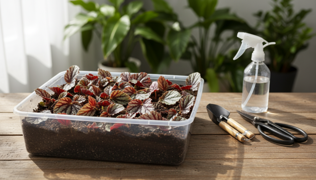 A clear and inviting leaf cuttings tray, positioned in the foreground, filled with vibrant Rex Begonia leaf cuttings in various stages of propagation. Each cutting should be distinct, showcasing the intricate patterns and colors of the leaves, set atop a lush, dark soil mix. In the middle ground, a rustic wooden table adds warmth to the scene, while an array of gardening tools, such as a small trowel, scissors, and a spray bottle, are neatly organized beside the tray. Soft, natural light filters in from a nearby window, creating gentle shadows that add depth. In the background, hints of greenery from potted plants create a tranquil, nurturing atmosphere, inviting viewers into the world of plant propagation. The image is bright and cheerful, capturing the essence of gardening success.