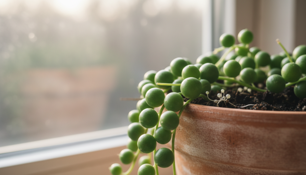 A close-up image of a vibrant string of pearls plant, featuring its unique, round, bead-like leaves cascading elegantly from a textured terracotta pot. In the foreground, focus on the rich green color of the leaves, showcasing their healthy, plump appearance to emphasize successful propagation. The middle ground should display the soil, carefully arranged to highlight proper moisture levels, with small pearly roots visibly emerging. In the background, soft, natural light filters through a window, creating a warm, inviting atmosphere that enhances the soothing green tones. Use a shallow depth of field to blur the background slightly, drawing attention to the plant and capturing a sense of tranquility and growth potential.