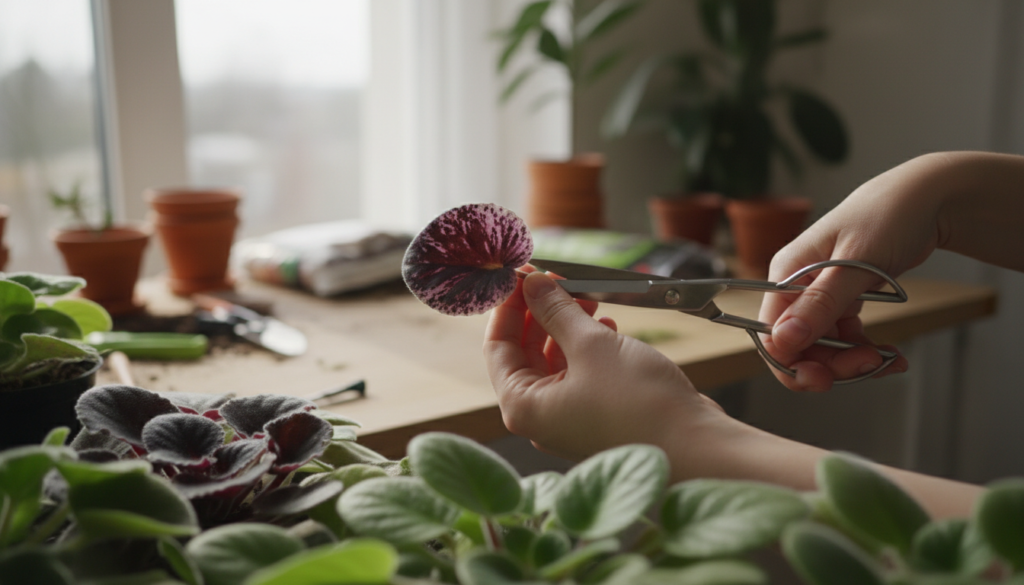 A close-up of a pair of hands gently trimming the stem of an African violet leaf cutting, surrounded by vibrant green foliage. The background features a soft-focused indoor gardening workspace with natural light streaming in from a nearby window, casting delicate shadows. The trimming scissors are shiny and precise, reflecting light as they snip through the sturdy yet delicate stem. The leaves are rich in color, showcasing deep purple and variegated patterns. The atmosphere is calm and nurturing, evoking a sense of care and attentiveness to plant propagation. The image should have a shallow depth of field, emphasizing the hands and scissors in the foreground while softly blurring the workspace behind, creating an inviting, peaceful gardening scene.