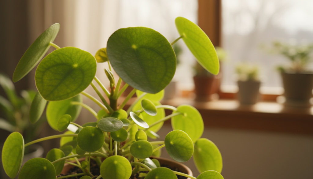 A close-up of a vibrant, lush Pilea plant featuring multiple small 'pups' or baby plants sprouting from the main stem. In the foreground, focus on the delicate round leaves of the pups, showcasing their bright green hues and speckled patterns. The middle ground displays the larger, established Pilea leaves, slightly blurred to add depth. In the background, a softly lit indoor setting with natural light filtering through a window, giving a warm, inviting atmosphere. Use a shallow depth of field to emphasize the Pilea babies, capturing the intricate details of their texture. The overall mood is peaceful and nurturing, conveying a sense of growth and potential.