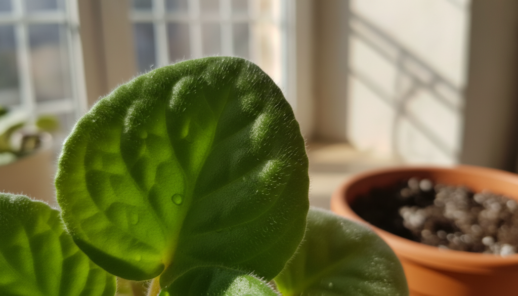 A close-up of an African violet leaf selected for propagation. The leaf is lush and vibrant green, showcasing a healthy texture with noticeable veins, glistening slightly from recent misting. Set against a soft-focus background of a cozy indoor environment, where sunlight streams through a window, casting gentle light that highlights the leaf's glossy surface. A blurred pot with soil can be seen in the background, suggesting the leaf's future home. The atmosphere feels nurturing and calm, ideal for plant care. The image captures a sense of meticulous selection and care, evoking a mood of growth and renewal. The composition is shot using a macro lens to emphasize detail, with natural lighting enhancing the freshness of the leaf.