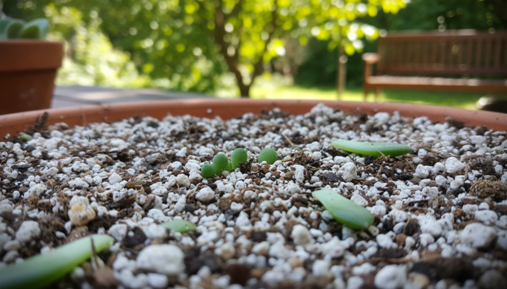A close-up of gritty soil mix designed for succulent propagation, featuring a blend of coarse sand, perlite, and organic matter. The foreground showcases the texture of the soil, with small pebbles and organic fibers clearly visible. In the middle ground, there are a few scattered succulent leaves, particularly String of Pearls, hinting at propagation efforts. The background captures a softly blurred garden space, filled with gentle natural light filtering through leaves, creating a warm and inviting atmosphere. The image should have a shallow depth of field to emphasize the soil blend, with a slight vignette around the edges, enhancing focus on the gritty texture, conveying a sense of preparation and success in gardening.
