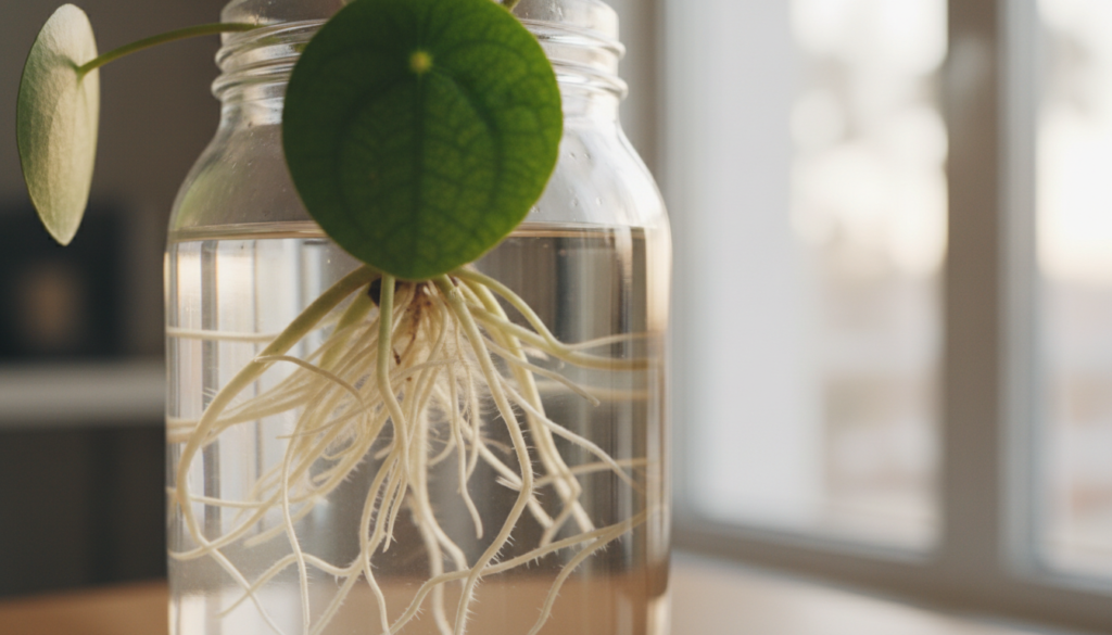 A close-up of water propagation roots for a Pilea plant, showcasing delicate, white roots gracefully suspended in a clear glass jar filled with water. The foreground highlights the intricate details of the roots, with a soft focus creating a dreamy ambiance. In the middle ground, a lush green Pilea leaf emerges, contrasting beautifully against the translucent water. The background features a softly blurred indoor setting, with natural light streaming in through a nearby window, casting gentle reflections on the glass. This serene atmosphere captures the essence of plant care and propagation, inviting a sense of tranquility and growth. The lighting should be soft and warm, emphasizing the freshness of the plant and water, conveying a nurturing mood.