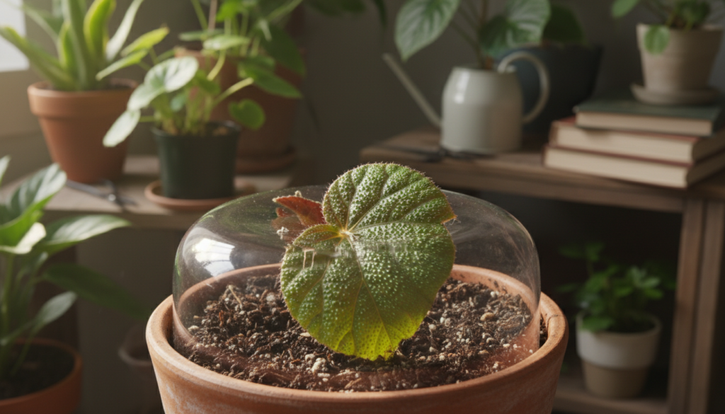 A close-up view of a begonia leaf being propagated in a comfortable indoor setting, showcasing a vein-cut leaf placed carefully on a rich, moist potting mix. The foreground focuses on the textured surface of the leaf, with its vibrant green hues and unique patterns illuminated by soft, natural sunlight filtering through a nearby window. The middle ground includes a transparent propagation container or a small terracotta pot, enhancing the organic feel. In the background, subtle hints of a cozy indoor environment, like green plants and wooden shelves, create a nurturing atmosphere. The image captures a serene, peaceful mood, inviting viewers to explore the simplicity of indoor plant care and propagation.