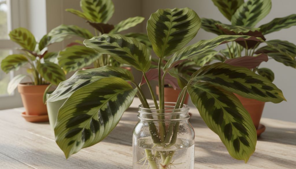 A close-up view of a healthy Calathea plant with vibrant green, intricately patterned leaves, highlighting several cuttings in the process of propagation in a clear glass jar filled with water. The foreground focuses on the delicate details of the leaves, showing subtle variations in colors and textures. In the middle background, softly blurred, there are additional Calathea plants, showcasing their lush foliage. The lighting is warm and natural, creating a serene atmosphere, reminiscent of a sunlit indoor garden. Soft shadows play against a wooden table surface, enhancing the organic feel of the scene. The angle is slightly above eye level, emphasizing the graceful curves and movement of the leaves, inviting viewers to reflect on the beauty and challenges of Calathea propagation. A close-up view of a healthy Calathea plant with vibrant green, intricately patterned leaves, highlighting several cuttings in the process of propagation in a clear glass jar filled with water. The foreground focuses on the delicate details of the leaves, showing subtle variations in colors and textures. In the middle background, softly blurred, there are additional Calathea plants, showcasing their lush foliage. The lighting is warm and natural, creating a serene atmosphere, reminiscent of a sunlit indoor garden. Soft shadows play against a wooden table surface, enhancing the organic feel of the scene. The angle is slightly above eye level, emphasizing the graceful curves and movement of the leaves, inviting viewers to reflect on the beauty and challenges of Calathea propagation.