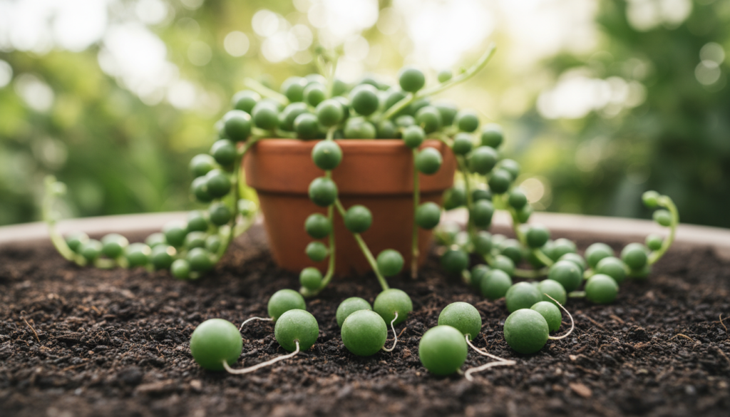 A close-up view of a healthy 'String of Pearls' succulent, showcasing its unique spherical leaves in various stages of propagation. In the foreground, a handful of these succulent pearls with vibrant green hues rest on rich, dark soil, adorned with tiny, delicate roots beginning to anchor into the earth. In the middle ground, a small pot filled with vibrant, healthy string of pearls displays a mixture of slightly larger and newly forming pearls, emphasizing the propagation process. The background features soft natural light filtering through blurred greenery, creating a peaceful and nurturing atmosphere. The focus is sharp on the foreground while the mid and background are slightly blurred, reminiscent of a professional macro photography shot to highlight the beauty of these resilient plants.
