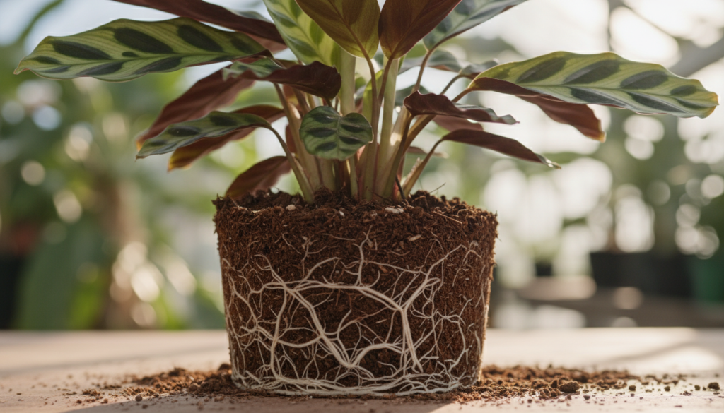 A close-up view of a healthy calathea root ball, showcasing its intricate network of roots nestled within rich, dark soil. The foreground features the textured roots in sharp detail, highlighting their resilience and vitality. In the middle, the vibrant, variegated leaves of the calathea plant gracefully arch over the root ball, displaying their lush greens and purples that are characteristic of the species. The background is softly blurred, hinting at a bright, natural setting with dappled sunlight filtering through leaves, creating a warm and inviting atmosphere. The lighting is soft and diffused, enhancing the colors while casting gentle shadows, making the scene feel peaceful and serene, perfect for an educational topic on plant care.