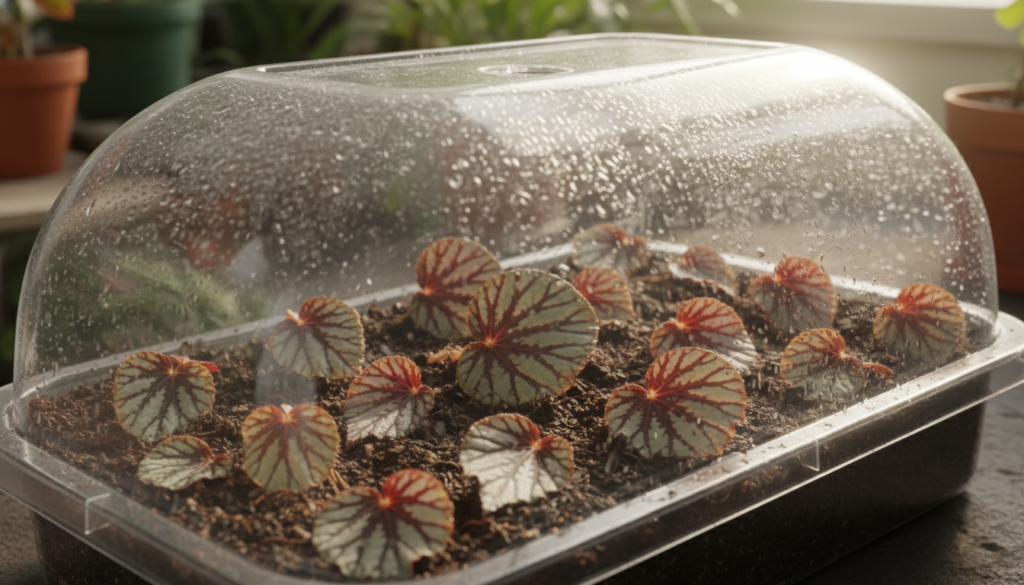 A close-up view of a humidity dome specifically designed for propagating Rex Begonia cuttings. The foreground features a clear, dome-shaped cover sitting atop a tray filled with soil and multiple leaf cuttings delicately positioned to take root. Each cutting shows vibrant green veins and variations in color typical of Rex Begonias. In the middle ground, soft light filters through the dome, creating a warm, nurturing atmosphere, enhancing the greens of the leaves while casting gentle shadows. The background is blurred, suggesting a well-lit indoor greenhouse environment filled with other healthy plants. The overall mood is serene and focused, capturing the essence of plant care and growth in a home gardening setting.