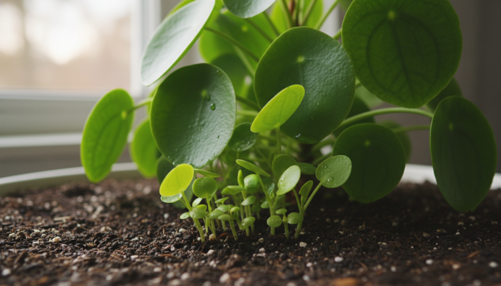 A close-up view of several vibrant Pilea peperomioides pups, showcasing their round, glossy leaves in varying shades of green. The scene captures the pups delicately nestled in a rich, dark soil, surrounded by the lush foliage of the parent plant. In the background, softly blurred, there are hints of indirect natural light filtering through a window, creating a warm, inviting atmosphere. The image is shot from a low angle to emphasize the healthy pups rising from the soil, giving a sense of growth and vitality. The composition should evoke a feeling of tranquility and nurturing, ideal for propagating houseplants.