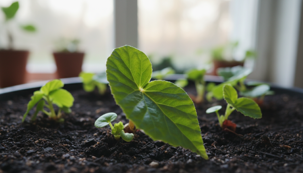 A close-up view of vibrant, healthy Begonia leaf plantlets emerging from rich, dark potting soil. In the foreground, one prominent leaf cutting displays its intricate veining and lush green color, showcasing the texture of its surface. Surrounding it are smaller, newly sprouted plantlets, each exhibiting their unique shapes and shades of green. The middle ground features a soft focus with additional leaf cuttings partially obscured by gentle natural lighting, enhancing the depth and detail of each leaf. In the background, a softly blurred indoor garden setting is visible, with subtle hints of natural light filtering through, creating a warm and inviting atmosphere. The overall mood is serene and organic, emphasizing the tranquility of indoor plant propagation.