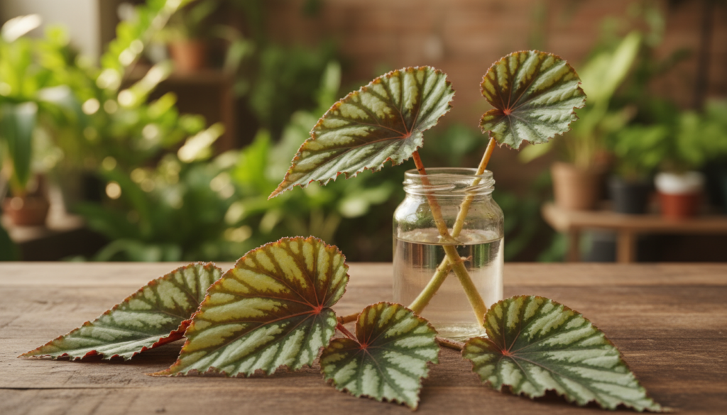 A close-up view of vibrant leaf cuttings from a Rex Begonia plant, artistically arranged on a wooden table. The foreground features several healthy, green, and variegated leaves with rich textures, showing the intricate patterns characteristic of Rex Begonias. In the middle ground, a small, glass container filled with water holds a few of the cuttings, reflecting soft, natural light. The background has a blurred, lush indoor garden setting with bright green foliage, creating a calming, nurturing atmosphere. Use soft, diffused lighting to emphasize the leaves' colors and textures, while capturing the organic beauty of the propagation process. Shoot from a slightly angled top-down perspective to highlight the details of the cuttings and their surroundings.