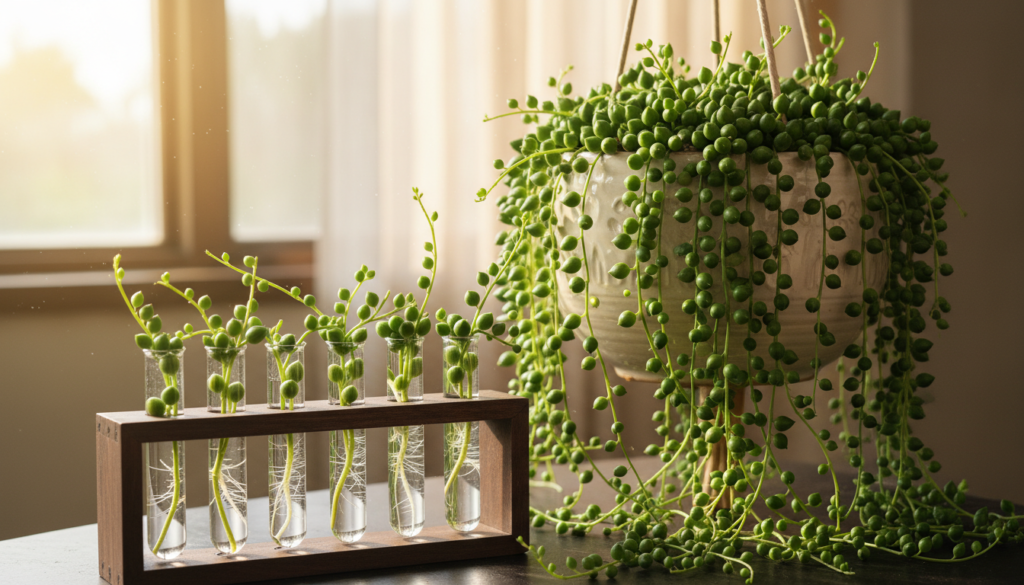 A lush arrangement of propagated string of pearls plants, showcasing their unique bead-like leaves in vibrant green hues. In the foreground, a small propagation station holds several cuttings in clear water, roots just beginning to emerge, symbolizing new growth and rejuvenation. The middle ground features a healthy, cascading plant draped elegantly down a hanging planter, emphasizing the lushness of thriving leaves. The background is softly blurred, hinting at a sunlit window with gentle rays illuminating the scene, creating a warm and inviting atmosphere. The composition highlights a sense of calm and vitality, perfect for gardening enthusiasts seeking to restore and enhance their plants' health. Capture the image from a slightly elevated angle, allowing for a clear view of both the cuttings and the flourishing plant.