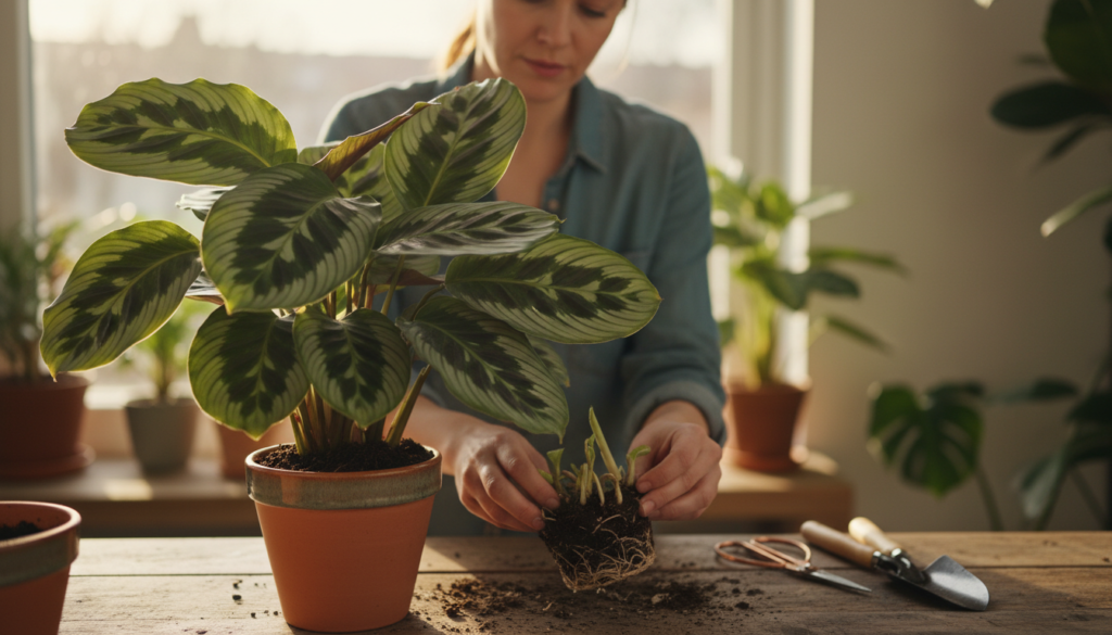 A lush, vibrant Calathea plant is positioned in the foreground, showcasing its distinctive broad, oval leaves with striking patterns of deep green and light green stripes. The scene captures the process of propagation by division, featuring a skilled gardener's hands gently separating the root clumps, revealing healthy roots and new growth. In the middle ground, a clean pot stands ready, filled with rich, dark potting soil and ready for planting. Surrounding elements include small gardening tools, such as scissors and a trowel, artfully arranged to convey the theme of propagation. The background is softly blurred with hints of a sunny indoor garden, infused with warm, natural light that creates a peaceful and nurturing atmosphere. The overall mood is inviting and educational, reflecting care and dedication to plant care. A lush, vibrant Calathea plant is positioned in the foreground, showcasing its distinctive broad, oval leaves with striking patterns of deep green and light green stripes. The scene captures the process of propagation by division, featuring a skilled gardener's hands gently separating the root clumps, revealing healthy roots and new growth. In the middle ground, a clean pot stands ready, filled with rich, dark potting soil and ready for planting. Surrounding elements include small gardening tools, such as scissors and a trowel, artfully arranged to convey the theme of propagation. The background is softly blurred with hints of a sunny indoor garden, infused with warm, natural light that creates a peaceful and nurturing atmosphere. The overall mood is inviting and educational, reflecting care and dedication to plant care.