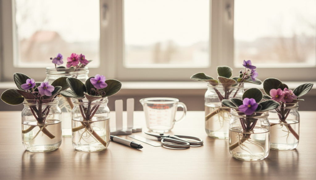 A neatly arranged set of container supplies for propagating African violets in water, placed on a clean wooden surface. In the foreground, clear glass jars of various sizes filled with fresh water, each with vibrant, healthy African violet cuttings showing their green leaves and colorful blossoms. In the middle, a selection of sterile scissors, plant labels, and a small measuring cup beside the jars, all reflecting attention to cleanliness. The background features a soft, blurred window with natural sunlight streaming in, enhancing the serene and clean atmosphere. Use bright, soft lighting to emphasize the freshness of the setup, creating a calm and inviting mood for propagation enthusiasts. Angle the shot slightly from above, focusing on the jars and supplies while keeping the background softly out of focus.