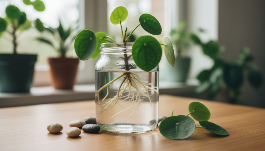 A serene and inviting image showcasing the water propagation method for a Chinese Money Plant (Pilea peperomioides) pup. In the foreground, a clear glass jar filled with fresh, crystal-clear water, with a vibrant green pup submerged, its roots visibly spreading. Surrounding the jar, delicate pebbles add a natural touch. In the middle ground, the setting includes a soft, wooden table with a few lush leaves from the plant nearby, creating an organic feel. The background features a softly blurred indoor plant environment, bathed in gentle, diffused natural light, evoking a calm and nurturing atmosphere. The focus should be sharp on the water-filled jar, highlighting the intricate details of the roots, while the overall composition captures the essence of plant care and propagation.
