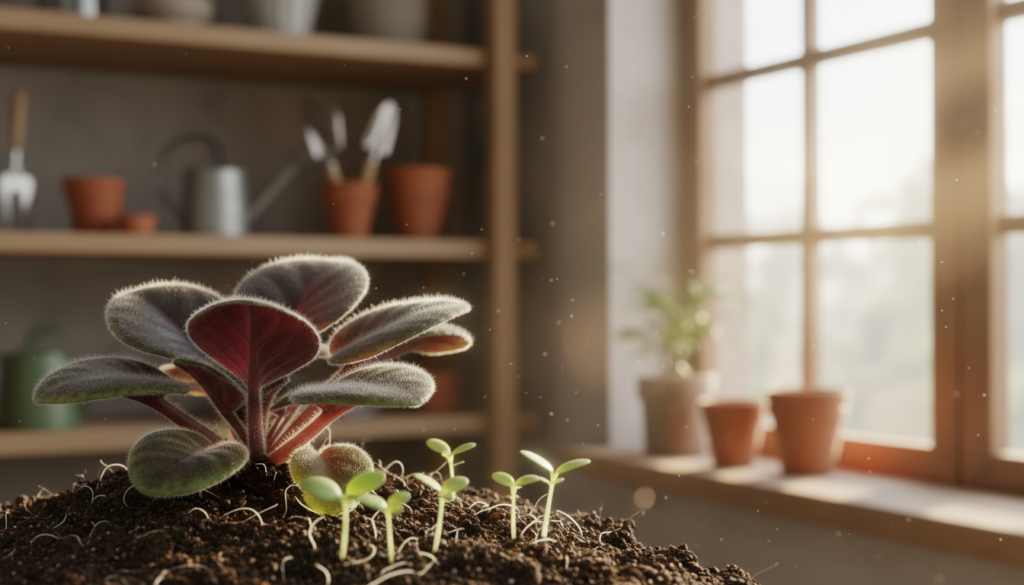 A serene close-up of African violet plantlets thriving in a well-lit indoor environment, focusing on a cluster of small green leaves emerging from the soil. The foreground features delicate roots just beginning to form around the base of the cuttings, showcasing the early stages of propagation. The middle ground displays vibrant, variegated leaves with rich purple and green hues, adding visual interest and detail. In the background, softly blurred shelves filled with gardening tools and sunlight streaming through a window create a warm, inviting atmosphere. Natural light accentuates the textures and colors, evoking a sense of growth and renewal. The composition captures the delicate balance of nature’s timing in the propagation process, inviting viewers to contemplate the journey of nurturing these plantlets.