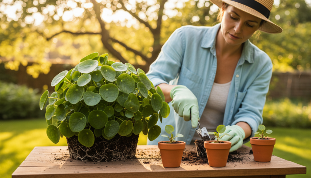 A serene gardening scene featuring a healthy Pilea plant with several small pups clustered around its base, visually representing the ideal time for separation. In the foreground, well-defined Pilea pups with vibrant green leaves are placed in small pots, showcasing their roots gently emerging from the soil. The middle ground highlights a gardener (in casual attire) gently lifting a pup from the main plant, using a small trowel, with a look of concentration and care. The background shows a sunny garden with soft, dappled lighting filtering through nearby trees, creating an inviting and tranquil atmosphere. Use a shallow depth of field to draw focus to the Pilea and the gardening action, with warm, natural colors to enhance the feeling of growth and nurturing.