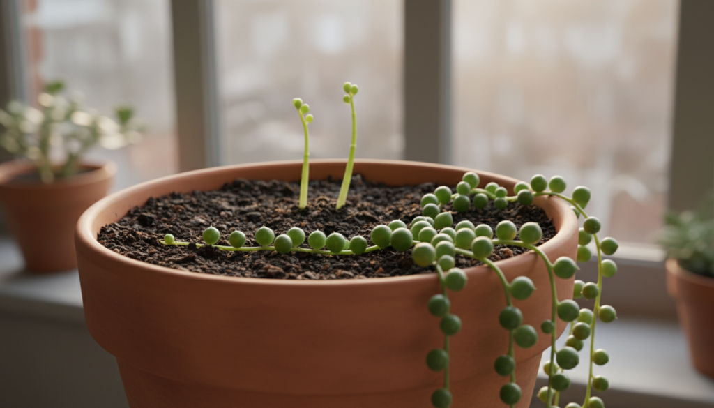A serene indoor gardening setup featuring a String of Pearls succulent plant prominently displayed in the foreground. The pot is filled with rich, dark soil, showing a textured surface scattered with glistening pearls of the plant. In the middle ground, a few healthy, cascading strands of the String of Pearls drape elegantly over the edges of the pot, while a couple of new shoots emerge, indicating successful propagation methods. The background includes a softly blurred window with natural sunlight streaming in, creating a warm and inviting atmosphere. A shallow depth of field emphasizes the plant, while the overall mood is calm and nurturing, perfect for a plant care article.