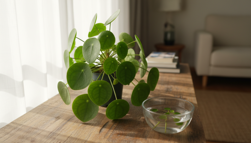 A serene indoor scene featuring a well-maintained Chinese Money Plant with lush green leaves and healthy pups ready for propagation. In the foreground, a close-up view of the plant, showcasing its vibrant leaves under soft indirect light filtering through a sheer curtain, creating delicate shadows on a rustic wooden table. In the middle ground, light reflects off a small, clear glass bowl containing water, ready for rooting the pups. The background features a softly blurred, minimalistic apartment interior, enhancing the calm and inviting atmosphere. The overall mood is tranquil and nurturing, ideal for a propagation setup, captured with a shallow depth of field to emphasize the plant and gentle lighting that enhances its rich colors, as if taken with a 50mm lens.