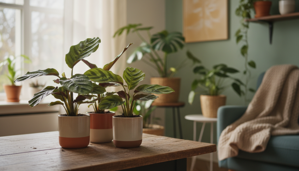 A serene indoor scene showcasing a few newly propagated Calathea divisions in small, stylish pots on a rustic wooden table. In the foreground, soft green leaves of the Calathea glisten with beads of moisture, indicating a light, humid environment. The middle ground features a gentle, diffused light filtering through a nearby window, creating a warm and inviting atmosphere. The background reveals a cozy room with gentle colors and a hint of various indoor plants, emphasizing a lush and nurturing setting. The overall ambiance should evoke a sense of calm and care, showcasing the importance of humidity in plant aftercare. The image is captured with a soft focus lens at a slight angle, enhancing its peaceful nature.