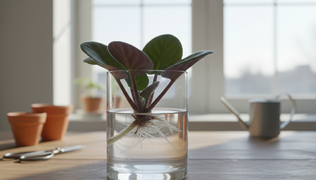 A serene, well-lit indoor scene showcasing the process of propagating African violets in water. In the foreground, a clear glass container filled with clean water holds several healthy African violet leaf cuttings, their vibrant green and purple hues glistening in the light. Delicate roots are beginning to form from the cuttings, providing an encouraging sight of growth. In the middle ground, a softly blurred wooden table adds warmth, with gardening tools such as scissors and a small pot nearby. In the background, a softly diffused window casts gentle natural light, illuminating the plants and creating a tranquil atmosphere. The focus is on the beauty of the propagation process, conveying hope and the simplicity of nurturing these beloved flowers.