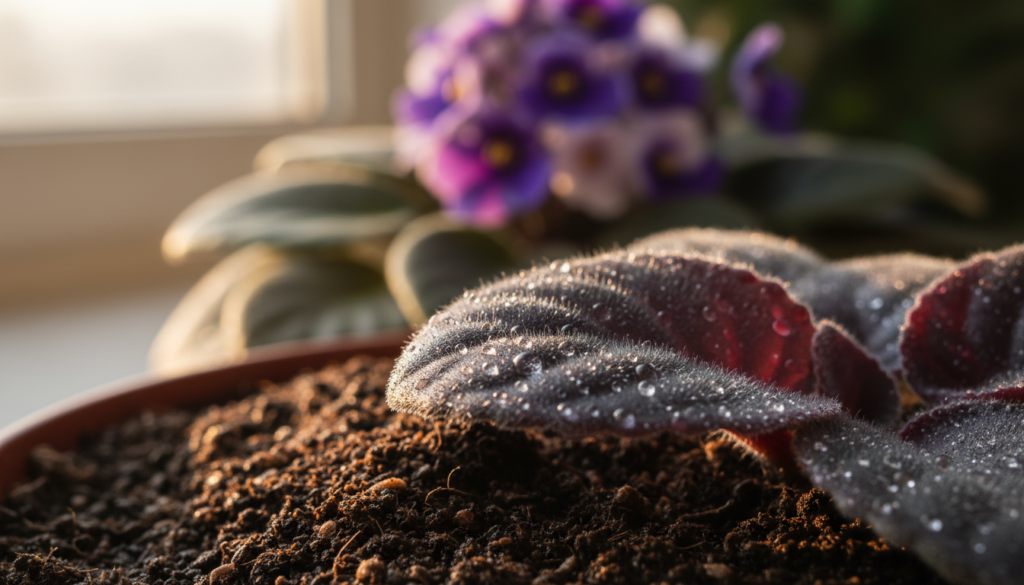 A vibrant African violet leaf detailed in a close-up view, showcasing its rich violet hues and prominent veining. The foreground should feature a plump, healthy leaf, glistening with morning dew to emphasize freshness. In the middle ground, blurred potting soil hints at the propagation process, with soft light filtering through a window, creating a warm, inviting atmosphere. The background gently fades into a soft-focus image of the mother plant, lush with green leaves and blooms, suggesting a nurturing environment. Natural daylight illuminates the scene, casting subtle shadows that enhance the textures of the leaf and soil. Overall, the image conveys a sense of growth and potential, ideal for showcasing the art of propagation.