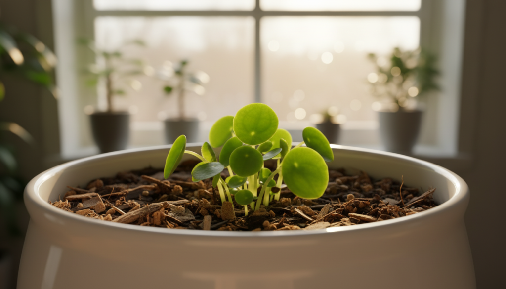 A vibrant indoor scene showcasing a cluster of healthy Pilea pups nestled in a ceramic pot with a smooth, glossy finish. The foreground features the Pilea pups with their lush green leaves, showcasing various sizes and shapes, some partially unfurled, reflecting their youthful vitality. In the middle ground, focus on the soft potting mix filled with subtle textures, with small chunks of bark and peat visible. The background features a softly blurred window with natural light streaming in, accentuating the lushness of the Pilea and creating a warm, inviting atmosphere. The overall mood is uplifting and serene, highlighting the importance of light for the thriving plants. Use a shallow depth of field to emphasize the Pilea, capturing a crisp image with gentle bokeh in the background.