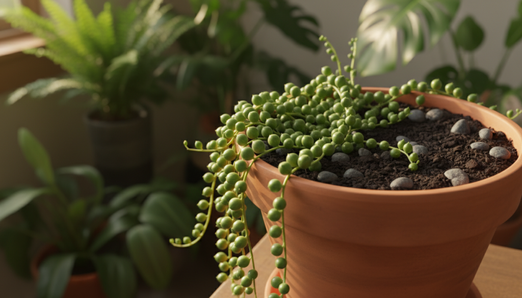 A vibrant scene showcasing a healthy string of pearls succulent plant elegantly positioned in a terracotta pot, nestled in nutrient-rich soil. The foreground features cascading green tendrils of the string of pearls, with small, round leaves glistening as they catch soft, natural sunlight. In the middle ground, rich brown soil is visible, with tiny pebbles scattered around for texture. The background includes a blurred view of a cozy indoor garden setting filled with lush greenery, enhancing the plant's tranquil atmosphere. The image should have a warm, inviting mood, achieved through gentle, diffused lighting that emphasizes the plant's vibrant colors. The angle should be a slight downward view, focusing on the exquisite details of the pearls and soil while creating depth.