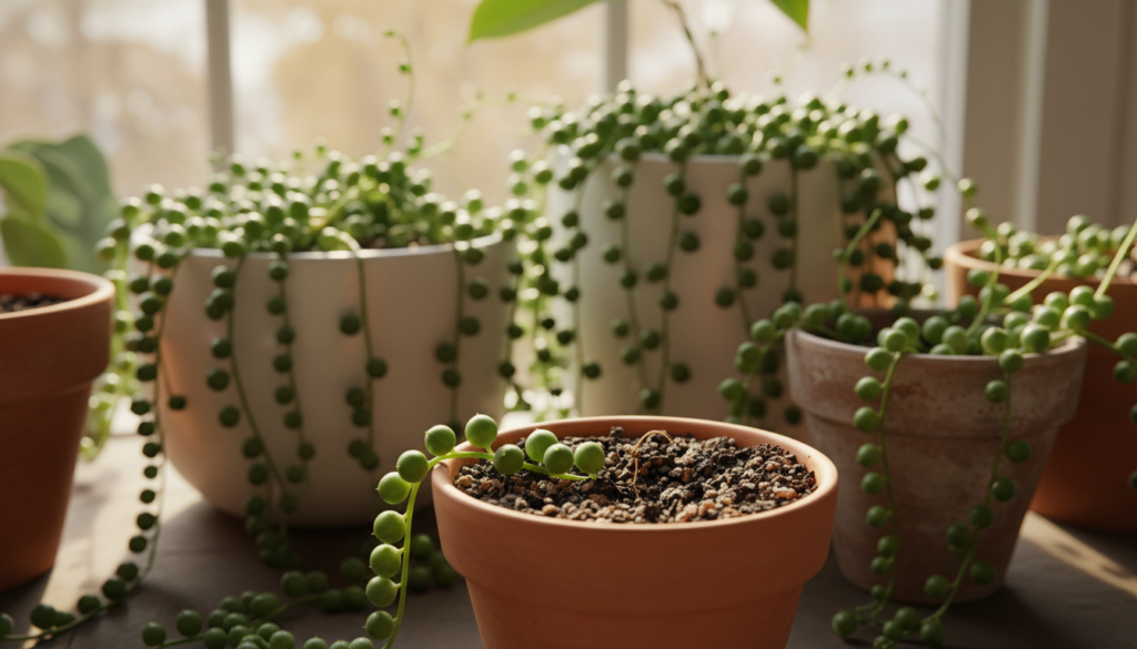 An aesthetically pleasing arrangement focused on propagating String of Pearls plants. In the foreground, display several vibrant healthy String of Pearls cuttings, their distinct, bead-like leaves glistening under bright natural light. A small terracotta pot filled with a well-draining soil mix, showing texture and moisture. The middle ground features additional pots with varying sizes of String of Pearls plants, each showcasing their cascading nature. In the background, a softly blurred window scene allows gentle sunlight to filter through, creating a warm and inviting atmosphere. The overall mood is serene and focused, emphasizing growth and preparation for successful propagation, with a shallow depth of field highlighting the details of the plants and pots.