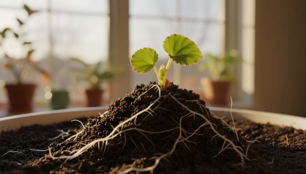 Vivid close-up of begonia plantlet roots emerging from rich, dark soil, showcasing delicate white roots intertwining and radiating outward. The foreground highlights the texture of the roots and soil, with soft morning light casting gentle shadows for depth. In the middle, a few small green begonia leaves unfurl above the soil, vibrant and healthy, symbolizing growth. The background features a softly blurred indoor setting, with warm natural light filtering through a window, creating an inviting and serene atmosphere. The overall mood is one of nurturing and vitality, emphasizing the care and attention needed for successful plant propagation. Focus on a shallow depth of field to draw attention to the roots and leaves.