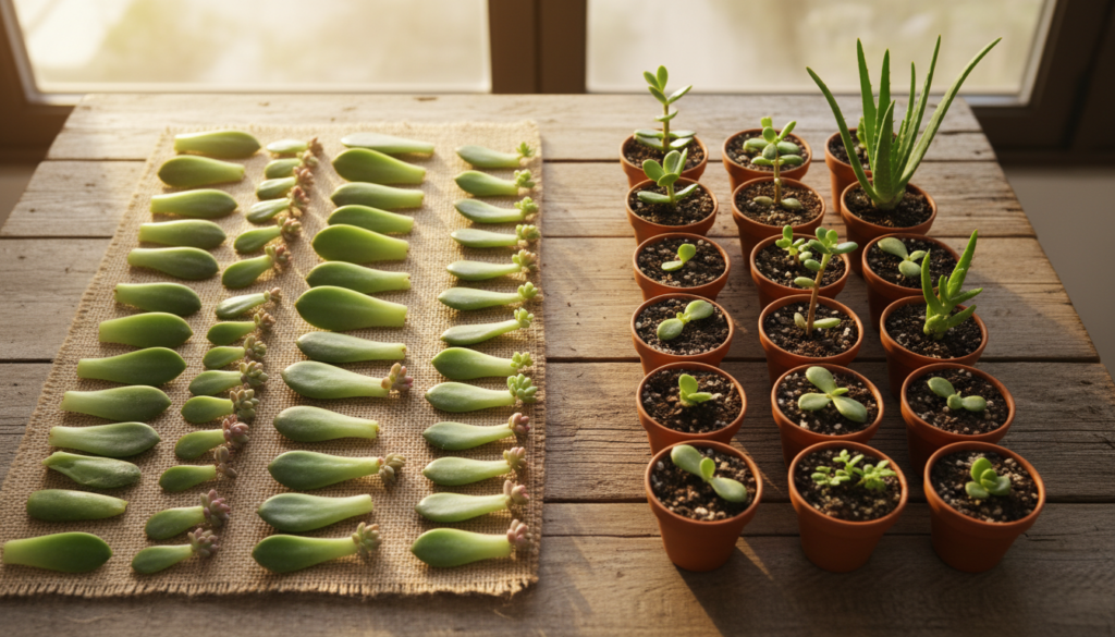A beautiful overhead view of a rustic wooden table, showcasing various succulent plants in different stages of propagation. On one side, vibrant green leaves from popular succulent species, such as Echeveria and Jade plants, are neatly arranged, highlighting their thick, fleshy structures and unique shapes. On the opposite side, cuttings with small stems from species like Aloe and Sedum are positioned alongside soil textures in terracotta pots. The background features soft, natural sunlight streaming through a window, illuminating the scene and creating gentle shadows to enhance depth. A warm and inviting atmosphere surrounds the image, evoking a sense of tranquility and connection to nature, perfect for conveying the propagation methods of succulents.