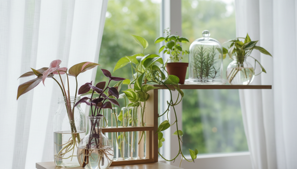 A bright and airy propagation station filled with thriving plant cuttings in various glass containers. In the foreground, showcase a variety of glass jars and test tubes holding colorful plant cuttings, with roots starting to develop. The middle ground features a wooden shelf organized neatly, adorned with lush greenery, such as pothos and herbs. The background reveals a sunlit window with sheer curtains, casting soft natural light across the scene, enhancing the vibrant colors of the plants. Use a shallow depth of field to focus on the cuttings while softly blurring the background, creating an inviting and tranquil atmosphere. The overall mood is nurturing and encouraging, ideal for plant lovers looking to enhance their propagation methods.