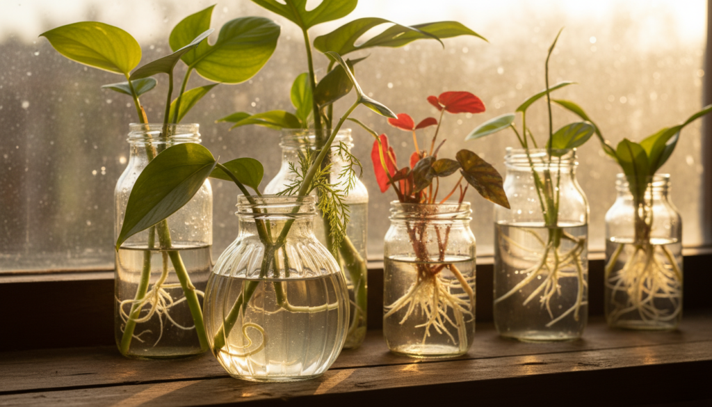 A captivating close-up image depicting water propagation with a variety of houseplant cuttings submerged in clear glass containers. In the foreground, showcase lush green stems with roots beginning to form, elegantly curved and reaching down into the water. The middle section should include multiple glass jars of different shapes and sizes, each holding cuttings with visible root growth. The background features a soft-focus of a sunlit window with gentle rays of light filtering through, creating a warm and inviting atmosphere. Use natural light to accentuate the vibrant colors of the plant leaves and the clarity of the water. Capture it from a slightly elevated angle, lending a professional and serene mood, perfect for illustrating the topic of effective propagation techniques.