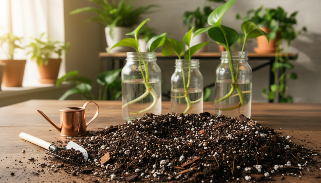 A close-up of a rich, dark soil mix specifically designed for indoor plant propagation, showcasing its texture with small bits of organic matter, perlite, and vermiculite. In the foreground, small garden tools like a trowel and a watering can are gently placed beside the soil mix. The middle ground features several clear propagation jars filled with water, each containing plant cuttings, with roots visible. The background hints at a wooden table in a cozy, sunlit room adorned with green indoor plants, creating a warm and inviting atmosphere. Soft, natural light filters through a nearby window, casting gentle shadows that enhance the texture of the soil and the clarity of the jars, evoking a sense of calm and nurturing. A close-up of a rich, dark soil mix specifically designed for indoor plant propagation, showcasing its texture with small bits of organic matter, perlite, and vermiculite. In the foreground, small garden tools like a trowel and a watering can are gently placed beside the soil mix. The middle ground features several clear propagation jars filled with water, each containing plant cuttings, with roots visible. The background hints at a wooden table in a cozy, sunlit room adorned with green indoor plants, creating a warm and inviting atmosphere. Soft, natural light filters through a nearby window, casting gentle shadows that enhance the texture of the soil and the clarity of the jars, evoking a sense of calm and nurturing.