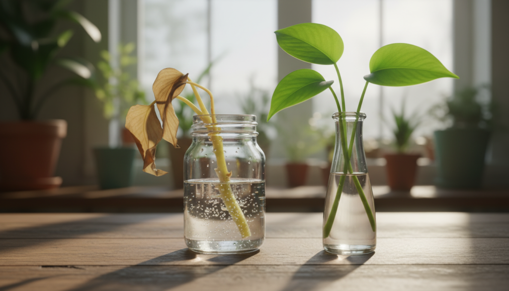 A close-up of a rotting plant cutting submerged in clear water, with delicate, wilting leaves and a slightly discolored stem. In the foreground, show small bubbles forming around the cutting, indicating the rotting process. In the middle ground, include a fresh, healthy cutting placed nearby in a separate vase, with vibrant green leaves and a strong stem, showcasing the contrast between the two states. The background should be softly blurred, featuring hints of an indoor garden with natural light streaming in, casting gentle shadows on a rustic wooden table. The atmosphere is educational and hopeful, emphasizing a sense of care and attention for plant health. Use soft, diffused lighting to highlight the textures of the leaves and water.
