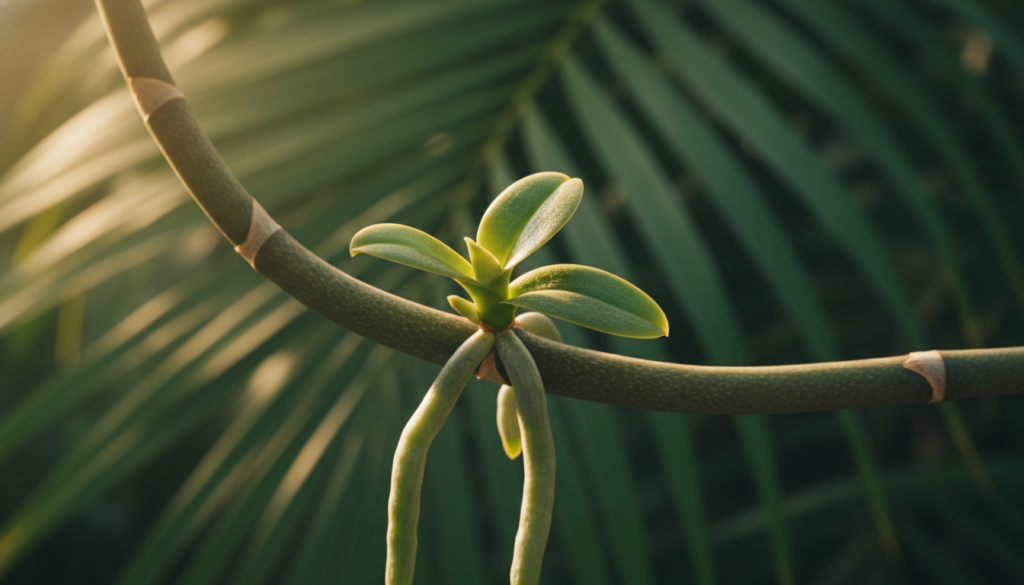 A close-up of a vibrant Phalaenopsis orchid keiki, showcasing its green roots and delicate, budding leaves. Set against a softly blurred background of lush, dark green foliage, the image highlights the keiki attached to the parent orchid stem. Warm, natural lighting illuminates the scene, casting gentle shadows that enhance the texture of the leaves and roots. The photograph is taken from a low angle, emphasizing the keiki’s growth and vitality, while a shallow depth of field draws the viewer's attention directly to the keiki. The overall atmosphere is serene and nurturing, reflecting the beauty and care involved in orchid propagation.