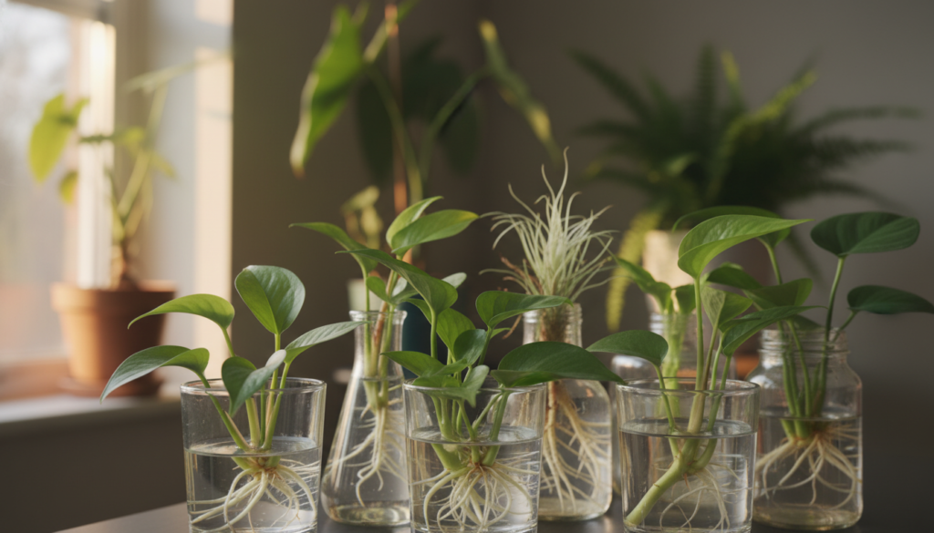 A close-up shot of multiple stem cuttings placed in small, clear glass vases filled with water, showcasing their roots developing. In the foreground, focus on several cuttings with vibrant green leaves, highlighting their healthy appearance and fresh growth. The middle ground features additional cuttings in various stages of rooting, creating a sense of depth and variety. In the background, softly blurred indoor greenery and natural light streaming through a window create a warm, inviting atmosphere. The lighting should be soft and natural, simulating an early morning glow, which enhances the colors of the plants. The scene conveys a cozy, nurturing mood, ideal for indoor gardening in winter. A close-up shot of multiple stem cuttings placed in small, clear glass vases filled with water, showcasing their roots developing. In the foreground, focus on several cuttings with vibrant green leaves, highlighting their healthy appearance and fresh growth. The middle ground features additional cuttings in various stages of rooting, creating a sense of depth and variety. In the background, softly blurred indoor greenery and natural light streaming through a window create a warm, inviting atmosphere. The lighting should be soft and natural, simulating an early morning glow, which enhances the colors of the plants. The scene conveys a cozy, nurturing mood, ideal for indoor gardening in winter.